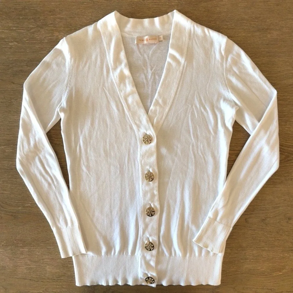 TORY BURCH Simone Cardigan 100% Cotton-White-Gold Logo Button-Lightweight-Sz XS